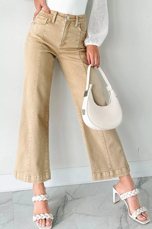 Shop Solid Color Seamed Center Wide Leg Cropped Jeans - Women's Fashion | Akatonbo