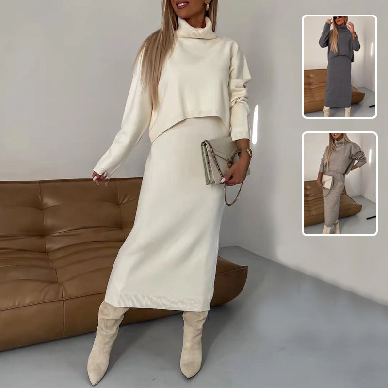 Traje de dos piezas de suéter, moda de invierno, jersey de cuello alto y vestido largo sin mangas, ropa de mujer