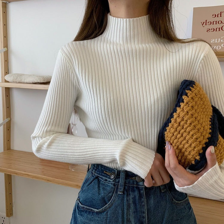 Half-high Neck Slim-fit Sweater With Long Sleeves