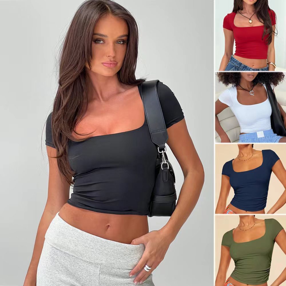 Nueva Camiseta de Manga Corta Ajustada, Tops de Cuello Cuadrado, Color Sólido, Moda de Verano, Sexy