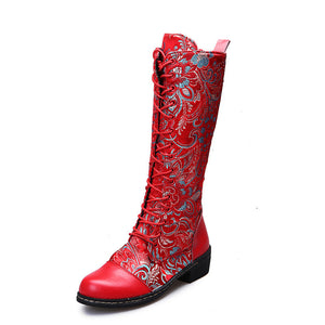 Flowers Print Long Boots WInter Retro Ethnic Style Shoes Lace-up Heeled Boots Women