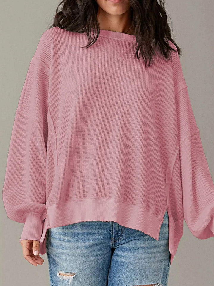 Boho Retro Vintage 90's Cotton Vanilla Beige Pink Drop Shoulder Oversized Bishop Sleeve Side Slit Knit Top Crinkled Patchwork Sweat Shirt Pullover