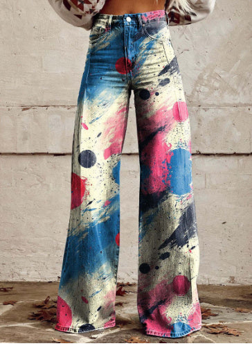 Pantalones anchos de mezclilla de imitación con estampado, cintura alta y corte holgado para mujer