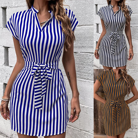 Vestido de mujer europeo y americano sin mangas a rayas con cordones