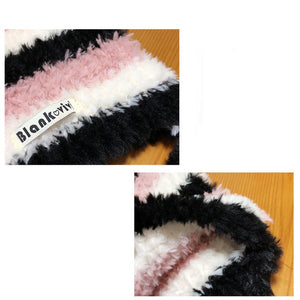 Warm Full With Cat Ears Contrast Color Striped Plush Wool Hat