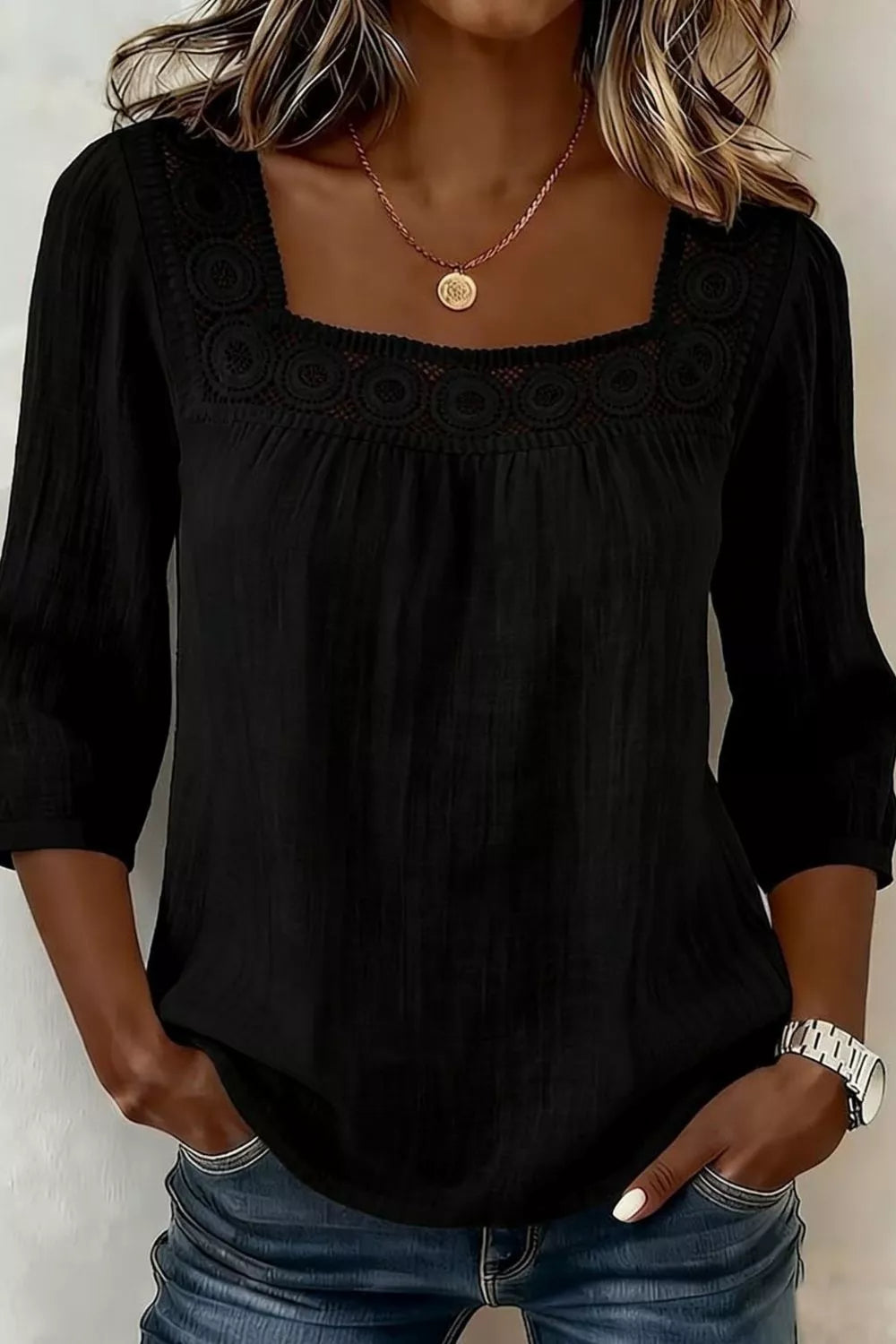 Shop Crochet Trim Square Neck Blouse - Women's Fashion | Akatonbo