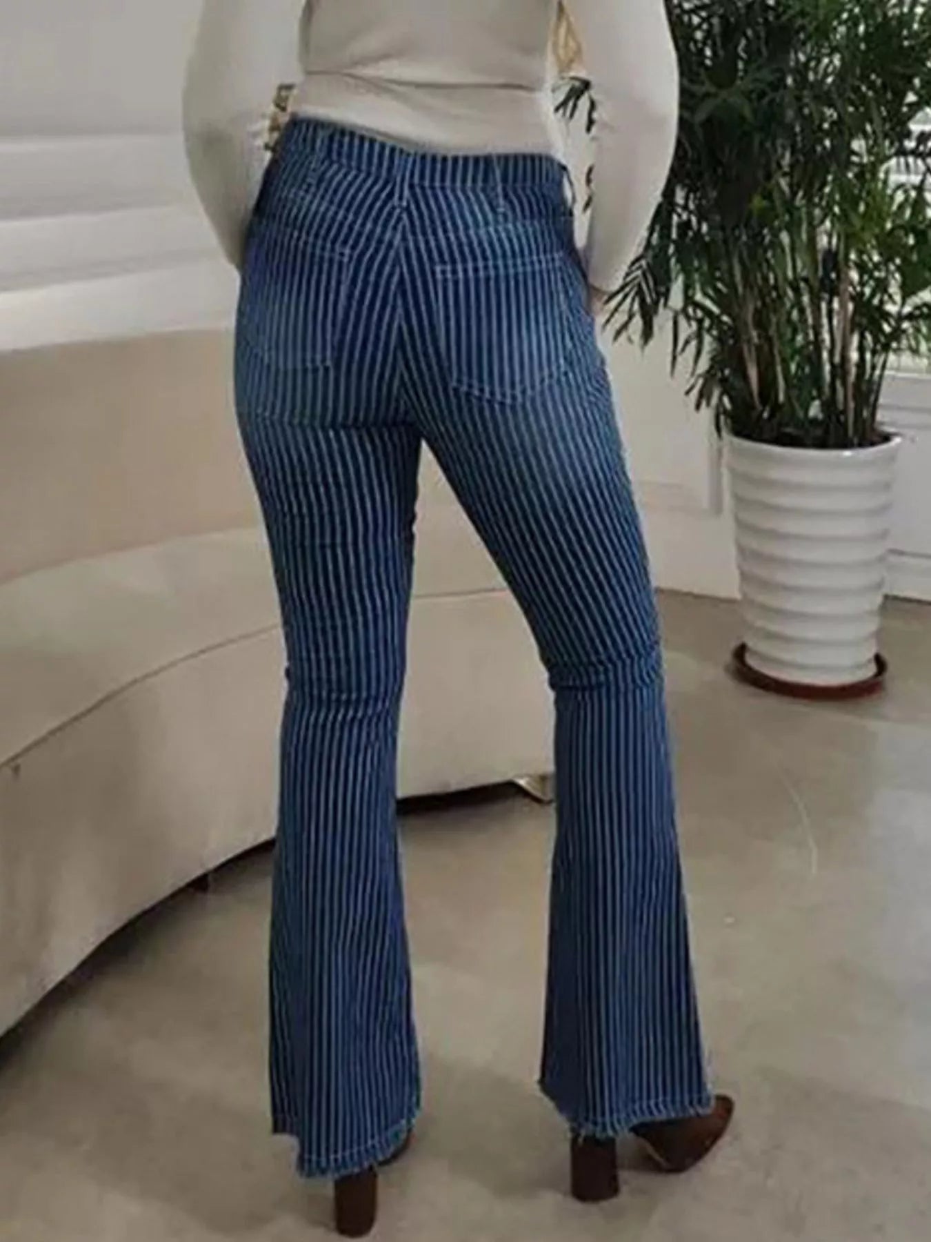 Shop Striped Button Fly Flare Jeans - Women's Fashion | Akatonbo