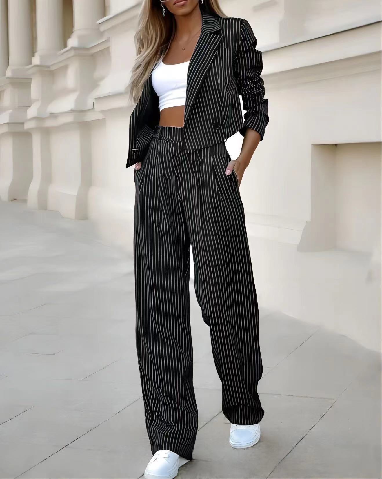 Trajes de Rayas de Moda Casual Solapa Manga Larga Top Corto y Pantalones Rectos Conjuntos Ropa de Mujer