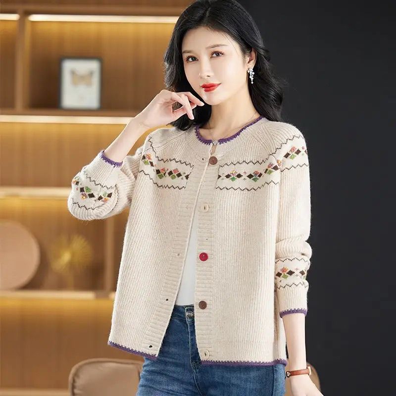 Round Neck Wool Cardigan Coat For Women