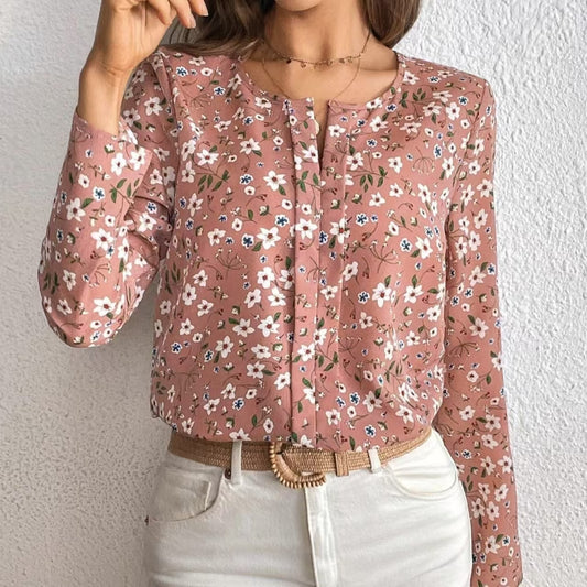 Akatonbo Ladies' Fashionable New Floral Print Folding Pleated Detail Casual Long Sleeved Top