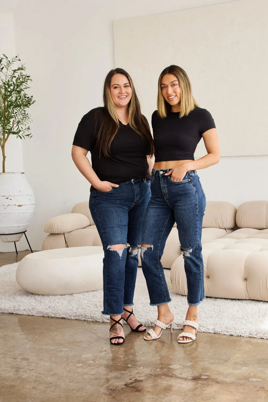 Shop RFM Crop Dylan Full Size Tummy Control Distressed High Waist Raw Hem Jeans - Women's Fashion | Akatonbo
