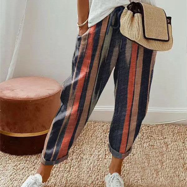 Pantalones casuales de algodón y lino estampados para mujer