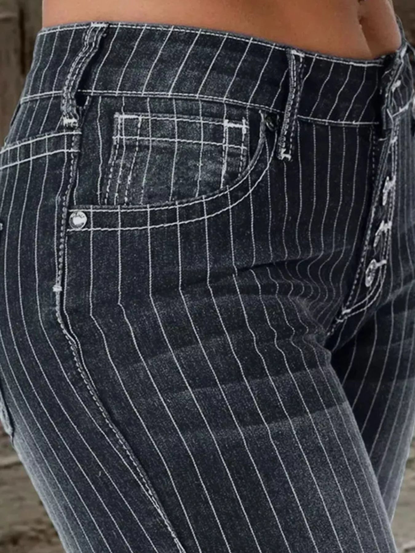 Shop Striped Button Fly Flare Jeans - Women's Fashion | Akatonbo