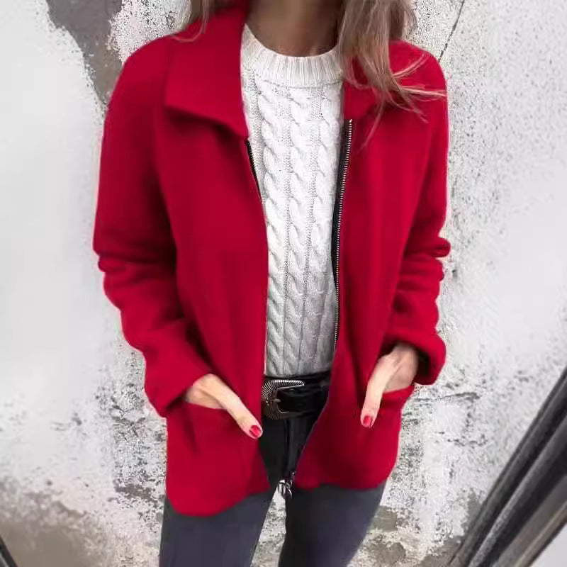 Lapel Zipper Jacket With Pockets Fashion Solid Color Coat Fall Winter Women's Clothing