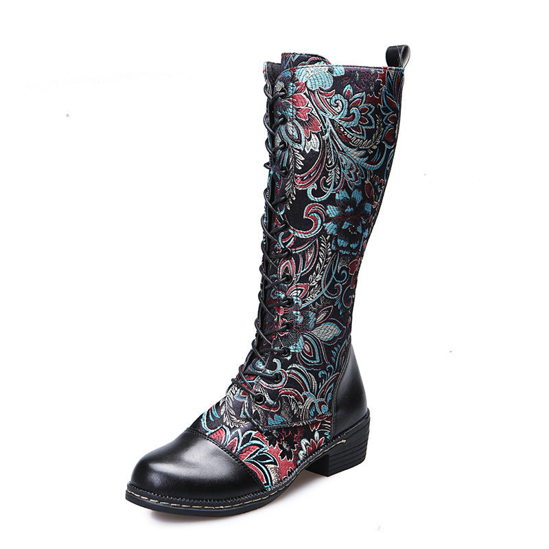 Flowers Print Long Boots WInter Retro Ethnic Style Shoes Lace-up Heeled Boots Women