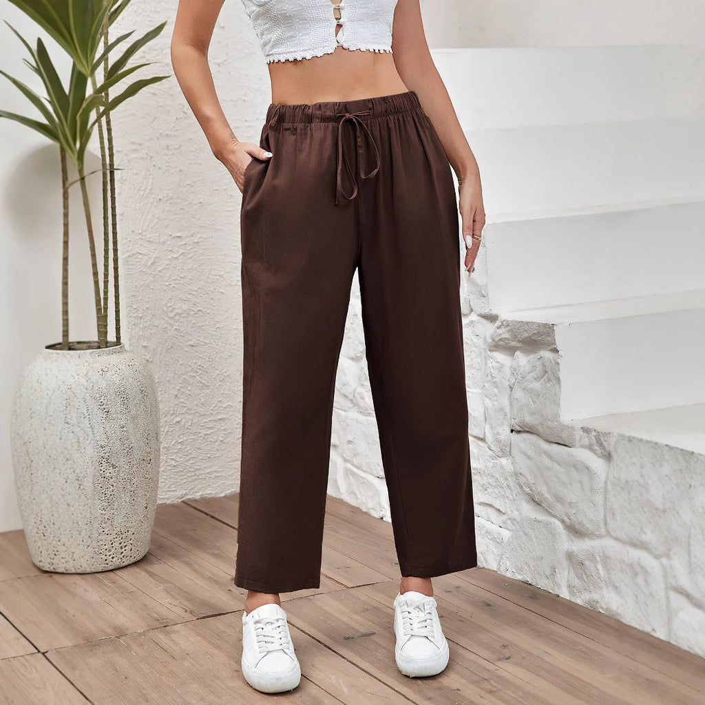 Women's Drawstring Elastic Cotton And Linen Casual Cropped Pants