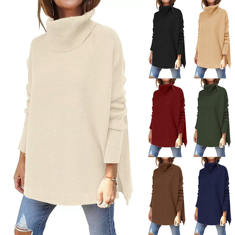 Chandail à Col Roulé Mi-long Manches Chauve-souris Fente Ourlet Tunique Pulls Hiver Hauts Vêtements Femme