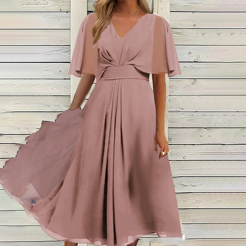 Fashion Solid Color And V-neck Waist Trimming Casual Swing Dress