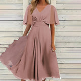 Fashion Solid Color And V-neck Waist Trimming Casual Swing Dress