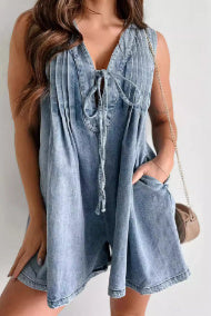 V-neck Sleeveless Denim Shorts Jumpsuit With Pockets
