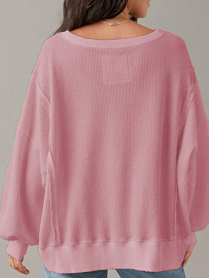 Boho Retro Vintage 90's Cotton Vanilla Beige Pink Drop Shoulder Oversized Bishop Sleeve Side Slit Knit Top Crinkled Patchwork Sweat Shirt Pullover
