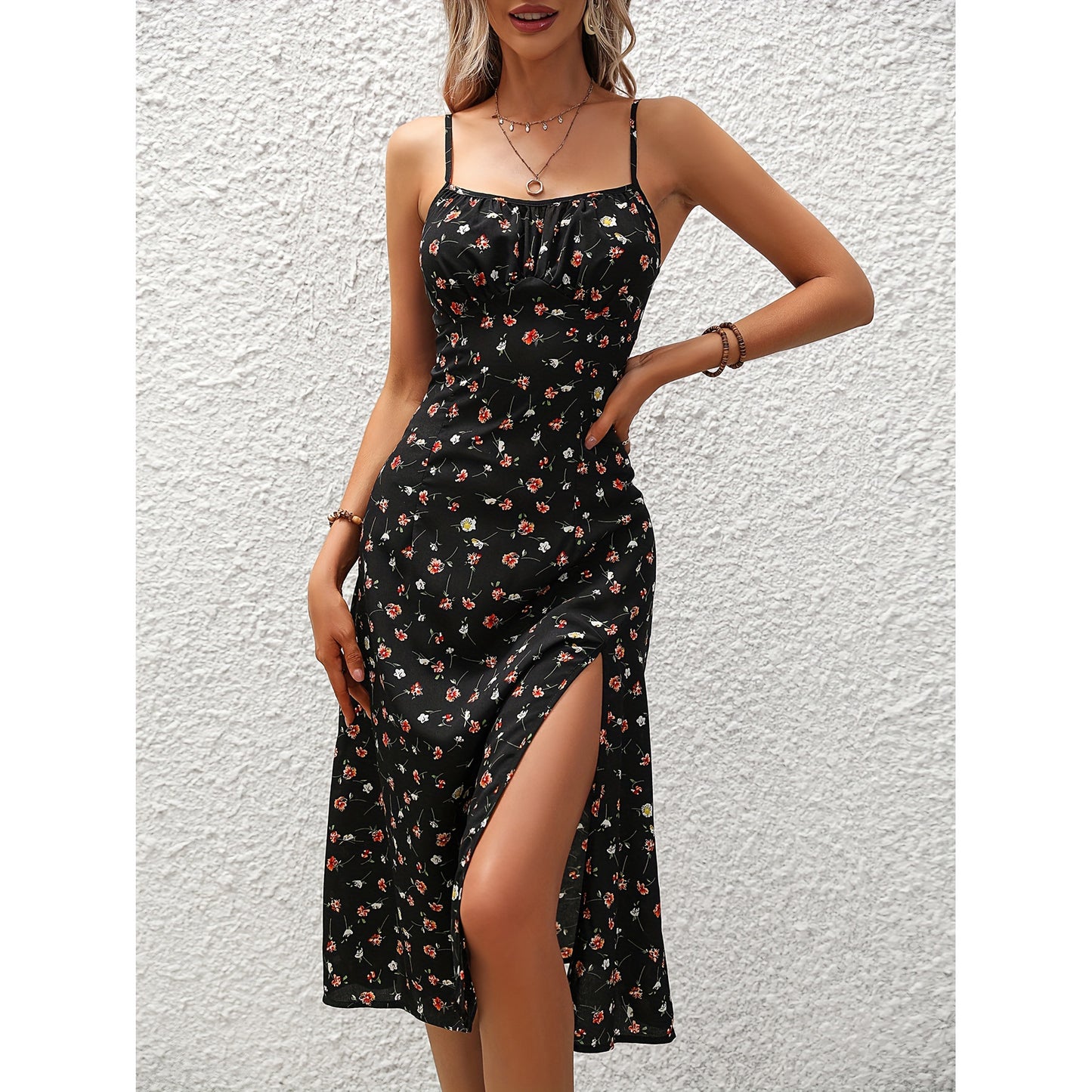 Akatonbo New Polka Dot Print Suspender Dress Summer Sexy Slit Long Dresses For Womens Clothing