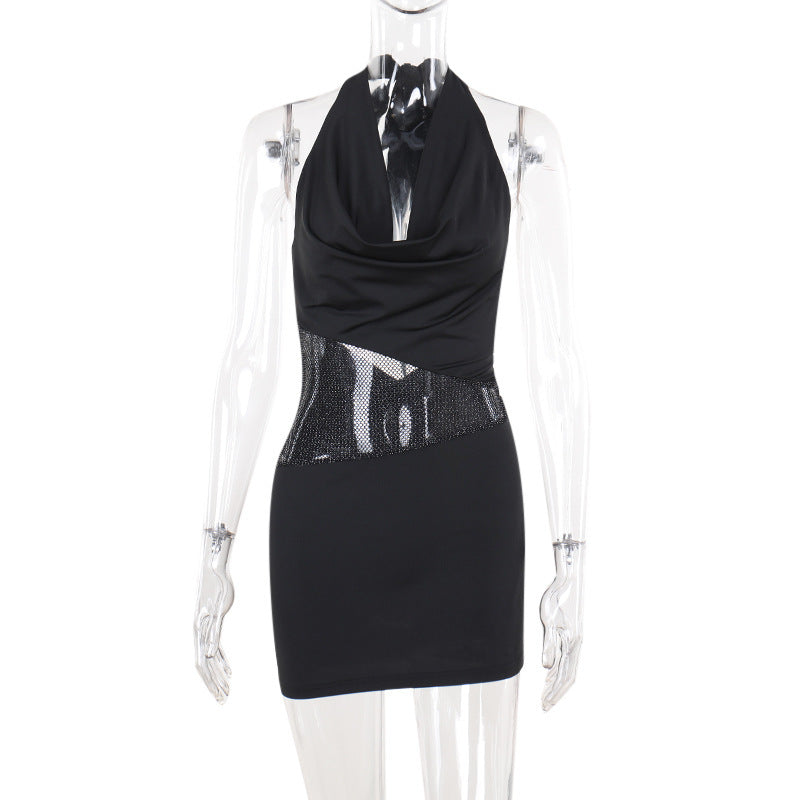 Vestido sexy ajustado con diseño de cuello en V pronunciado y retazos de malla con lentejuelas, moda Ins, vestidos cortos halter, ropa de mujer