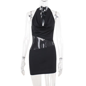 Sexy Slim Deep U-neck Dress With Sequin Mesh Patchwork Design Ins Fashion Halter Short Dresses Women's Clothing