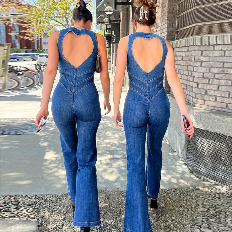 Summer Slim Heart-shape Backless Denim Jumpsuit Women Halter Neck Zip Up High Waist Retro Style