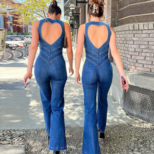 Akatonbo Summer Slim Heart-Shape Backless Denim Jumpsuit Women Halter Neck Zip Up High Waist Retro Style