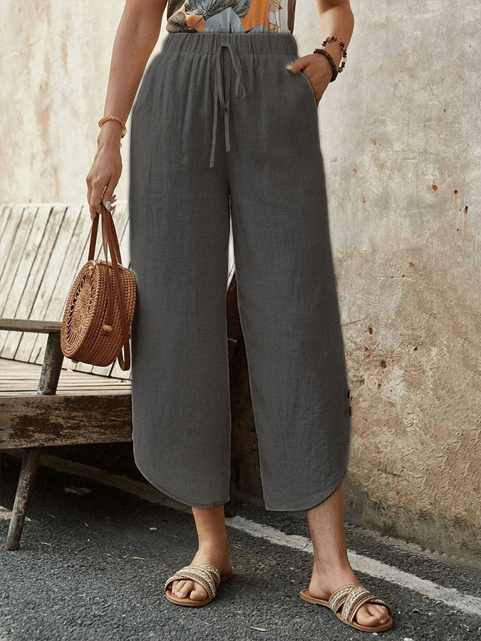 Cotton And Linen Drawstring Cropped Loose Pockets Casual Pants