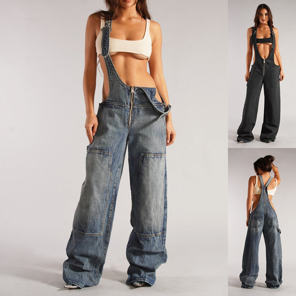 Monos vaqueros Y2K con cremallera, bolsillos, moda, peto holgado, peto, pantalón vaquero, ropa de mujer