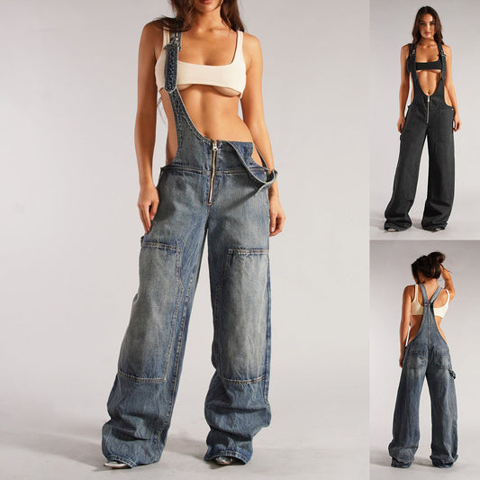 Akatonbo Y2k Zipper Denim Overalls With Pockets Fashion Loose Suspender Jumpsuit Streetwear Jeans Pants Womens Clothing