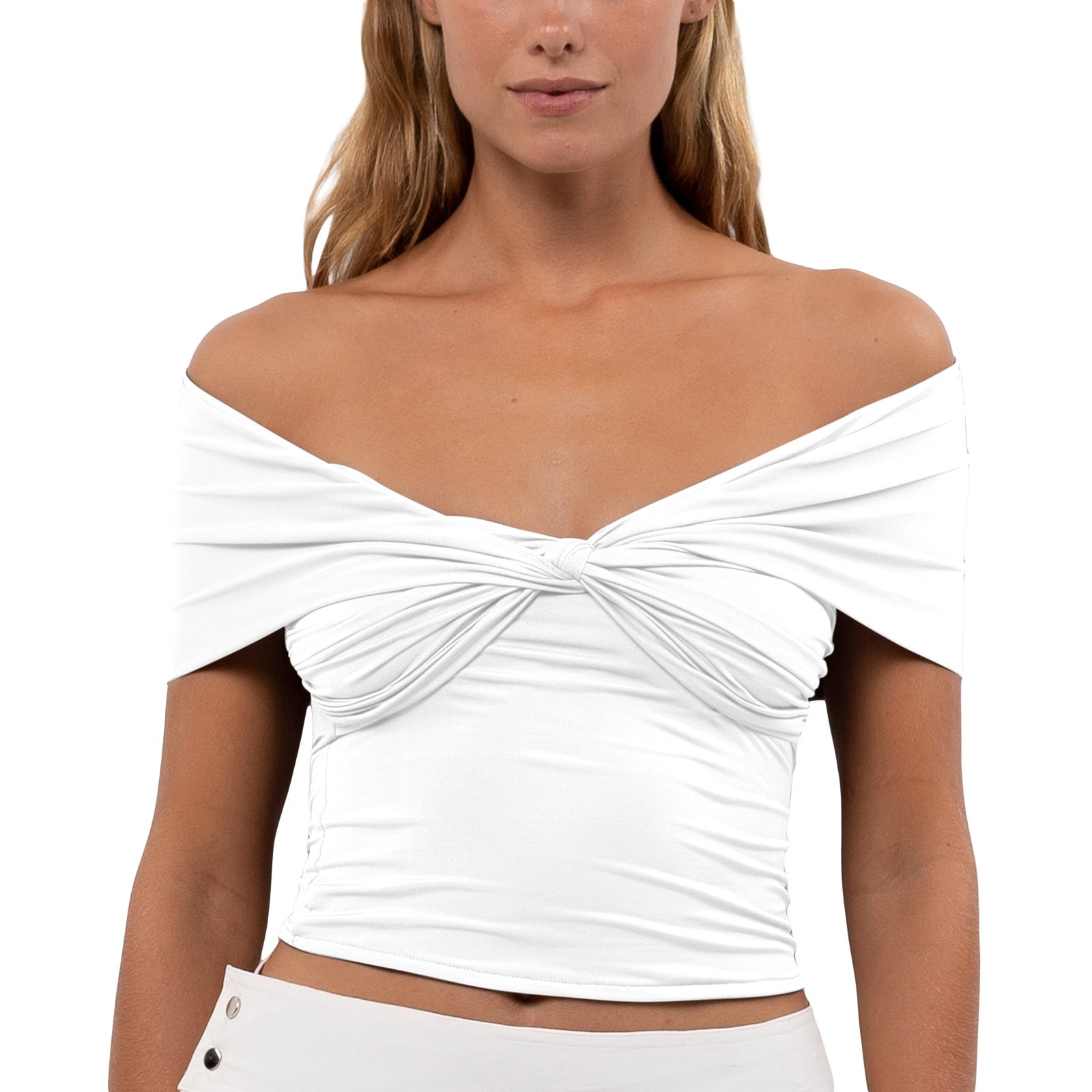 Off-shoulder Pleated Fitted Cropped Top