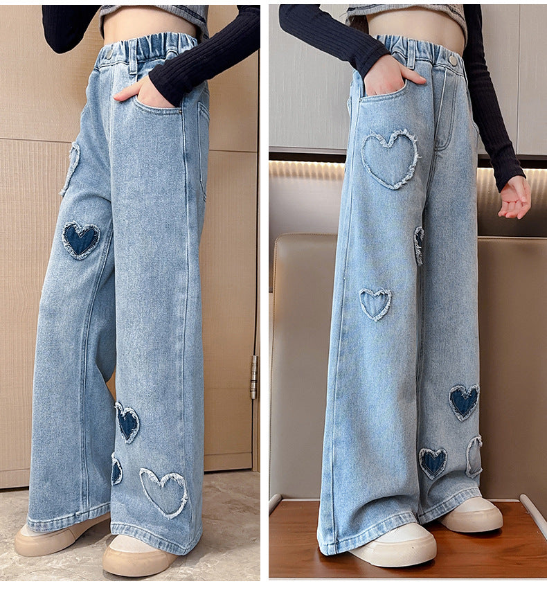 Girls' Love Raw Edge Denim Wide-leg Pants