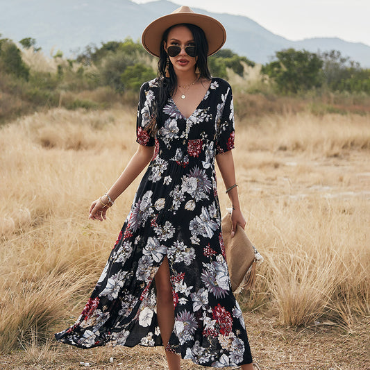 Akatonbo Floral Summer Beach Dress With V Neck Elastic Waist Dresses For Women