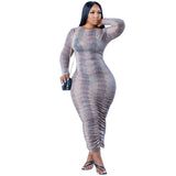 New Skinny Women's Long Sleeve Pleated High Stretch Print Dress
