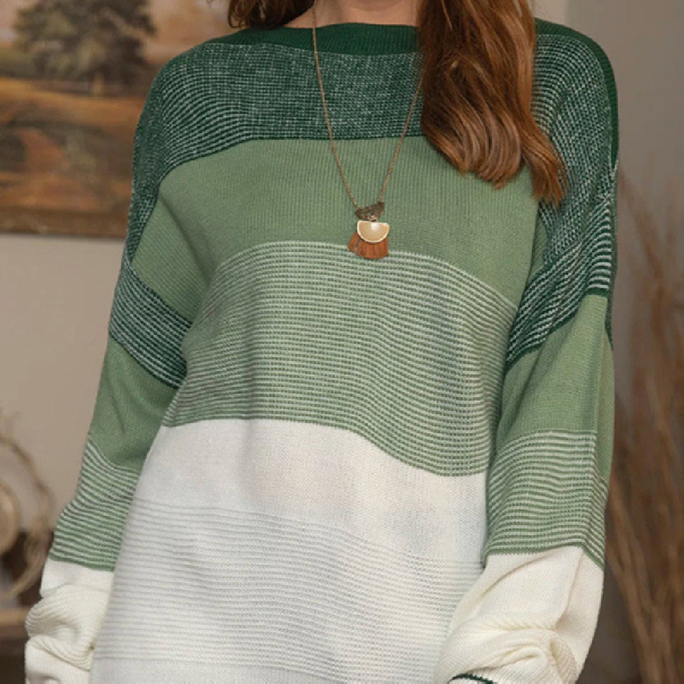 Women's Gradient Striped Color Matching Sweater Loose Green Sweater