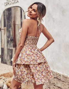 Summer Printed Halter Dress Fashion Boho Backless Ruffled A-Line Beach Dress