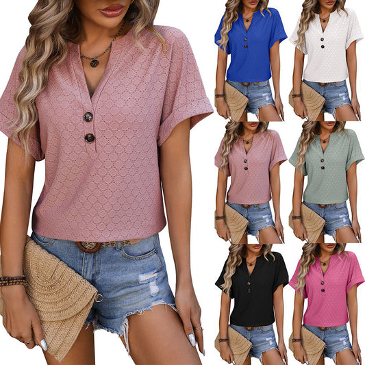 Akatonbo New Hollow Circle Design T-Shirt V-Neck Button Solid Color Short-Sleeved T-Shirt Tops For Womens Clothing