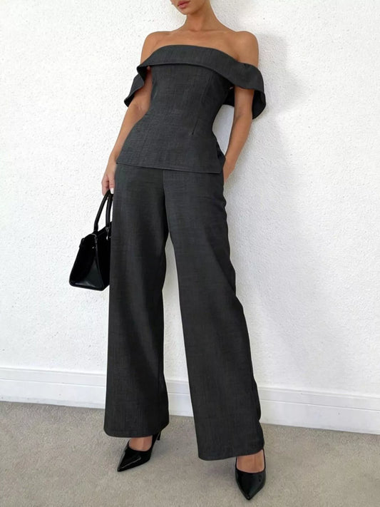 Shop Off-Shoulder Top and Wide-Leg Pants Set - Women's Fashion | Akatonbo
