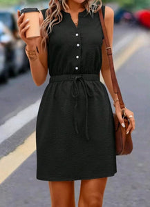 Summer V-neck Sleeveless Dress Casual Drawstring Waist Slimming Dress Women's Clothing