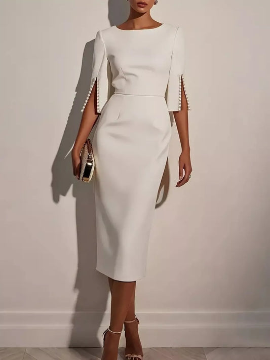 Shop Slim-Fit Elegant Midi Dress with Beaded Slit Sleeve - Women's Fashion | Akatonbo