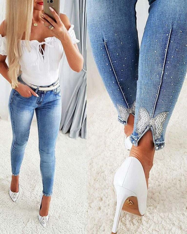 Women's Jeans Trendy High Waist Beaded Skinny Tapered Pants
