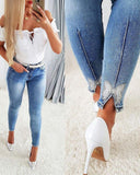 Women's Jeans Trendy High Waist Beaded Skinny Tapered Pants