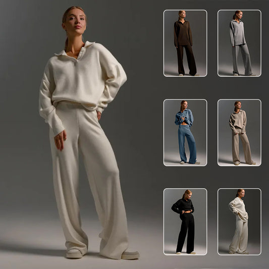 Akatonbo Fall Winter Two Piece Set Women'S Simple Loose Solid Color Collar Sweater Set Fashion Casual Sport Wear Set