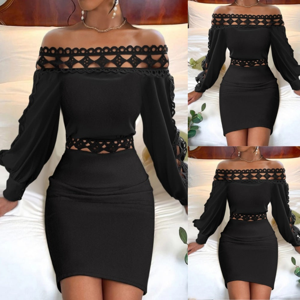 Vestido negro corto de manga larga de encaje para mujer