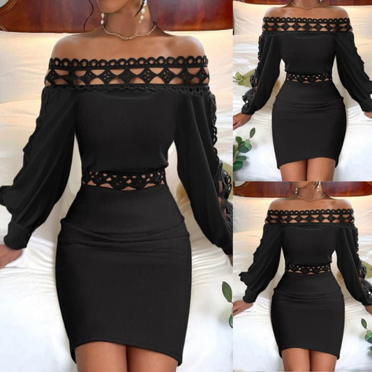 Vestido negro corto de manga larga de encaje para mujer