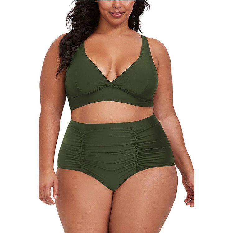 Plus Size V-neck high waist pleated swimwear two piece set