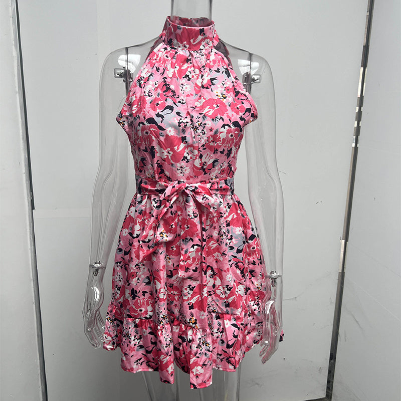New Flowers Print Halter Dress Summer Fashion Temperament Lace-up Ruffled Dress